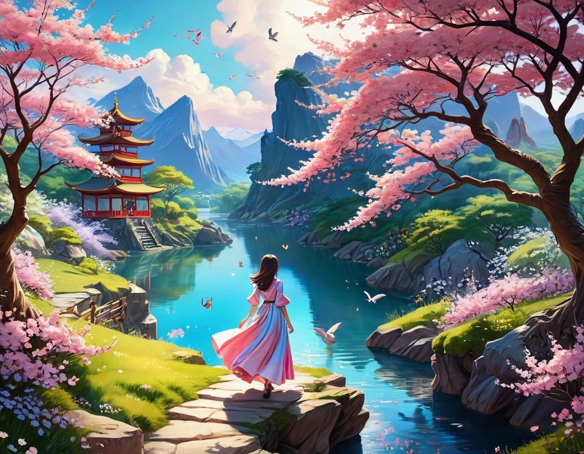 A vibrant and eclectic illustration showcasing a serene fantasy landscape filled with whimsical characters inspired by adult anime. Include petite models in colorful, stylized outfits enjoying their surroundings, with elements like cherry blossoms and ethereal creatures in the background. The atmosphere should evoke a sense of playful curiosity and allure, drawing the viewer into this imaginative realm. Use bold, lively colors and intricate details to enhance the enchanting vibe. super-realistic. vibrant colors. 3D.